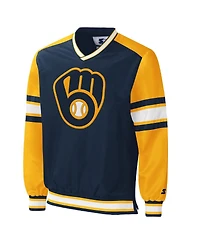 Men's Starter Navy Milwaukee Brewers Yardline V-Neck Pullover Windbreaker