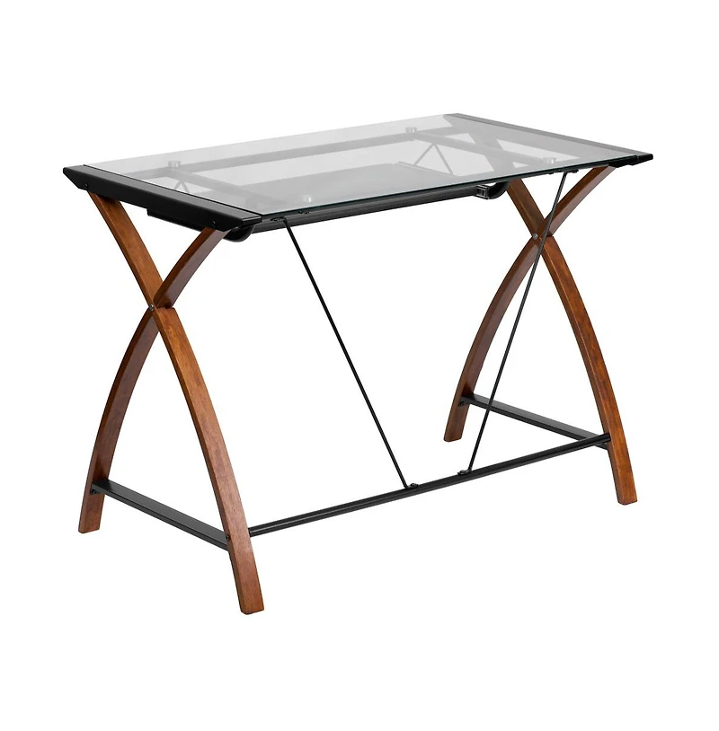 Glass Computer Desk-Pull-Out Keyboard Tray & Crisscross Frame