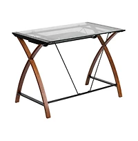 Glass Computer Desk-Pull-Out Keyboard Tray & Crisscross Frame