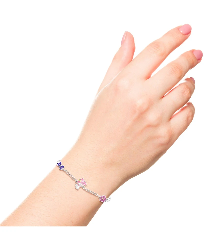 Sanrio Hello Kitty and Friends Womens Silver Plated Bracelet with Flower and Bow Charm Pendants, 6.5 + 1", Officially Licensed