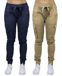 Galaxy By Harvic Women's Loose Fit Cotton Stretch Twill Cargo Joggers Set, 2 Pack
