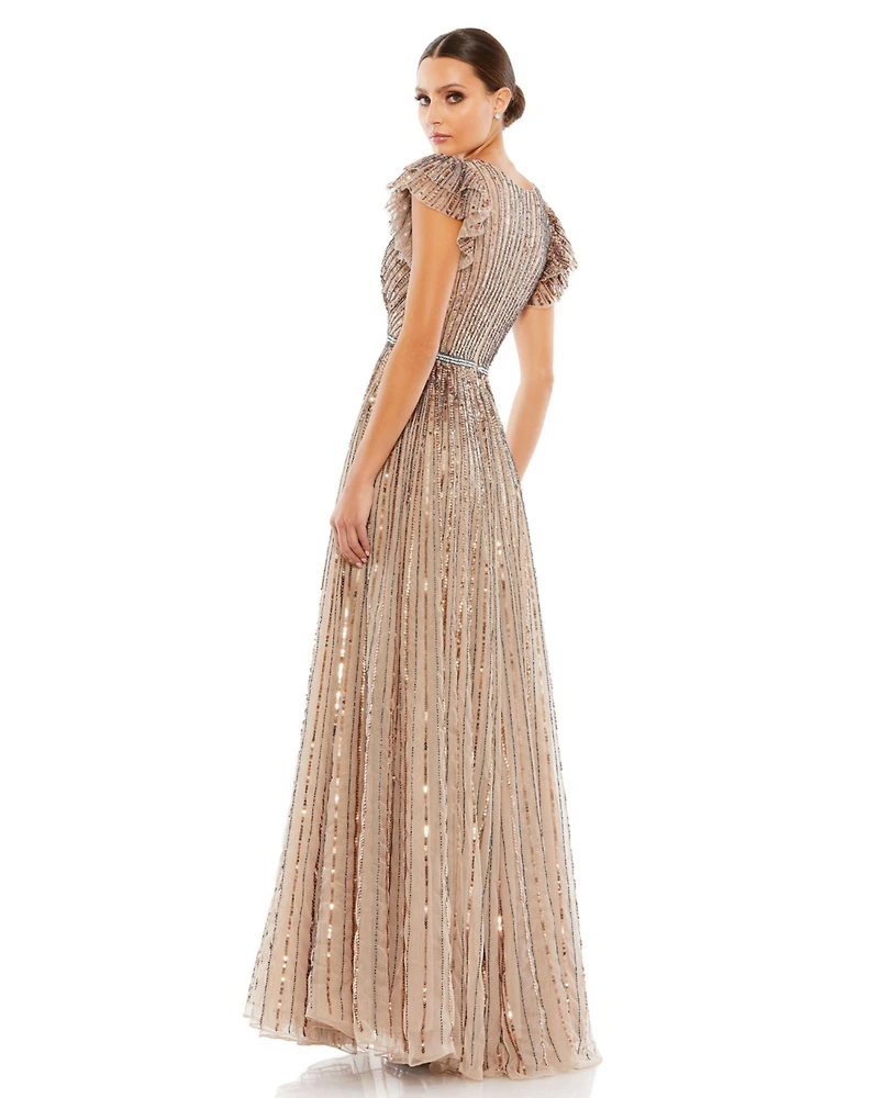 Mac Duggal Women's Sequined Wrap Over Ruffled Cap Sleeve Gown