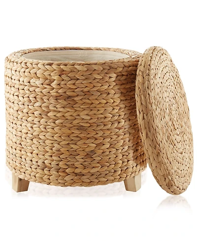 Casafield 17" Round Storage Ottoman with Lid - Natural, Handwoven Footstool for Living Room, Bedroom, Bathroom, Home Office