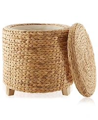 Casafield 17" Round Storage Ottoman with Lid - Natural, Handwoven Footstool for Living Room, Bedroom, Bathroom, Home Office