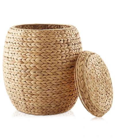 Casafield Round Storage Basket with Lid, Natural - Handwoven Water Hyacinth Hamper Organizer for Laundry, Blankets, Plants
