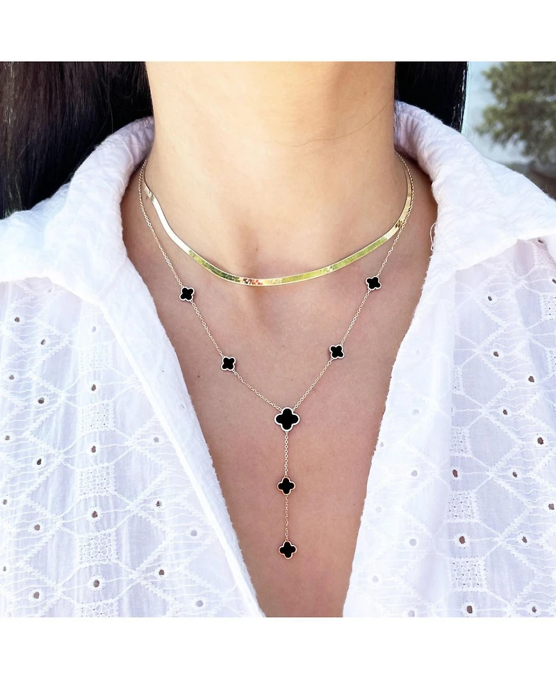The Lovery Onyx Clover Station Lariat Necklace 14K Yellow Gold