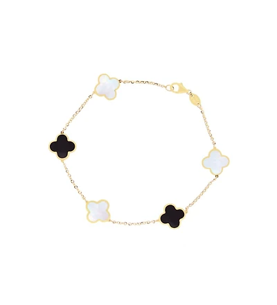The Lovery Small Mother of Pearl and Onyx Mixed Clover Bracelet 14K Gold