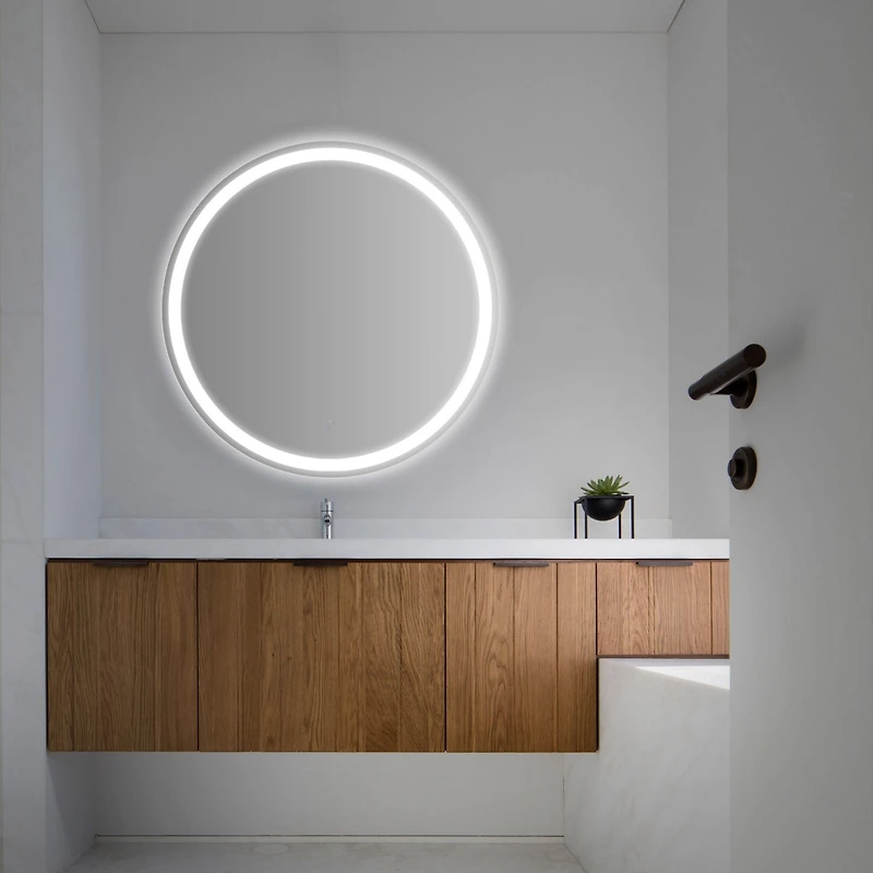 Jonathan Y Dane Round Frameless Anti-Fog Aluminum Frontback Lit Tri Color Led Bathroom Vanity Mirror with Sm