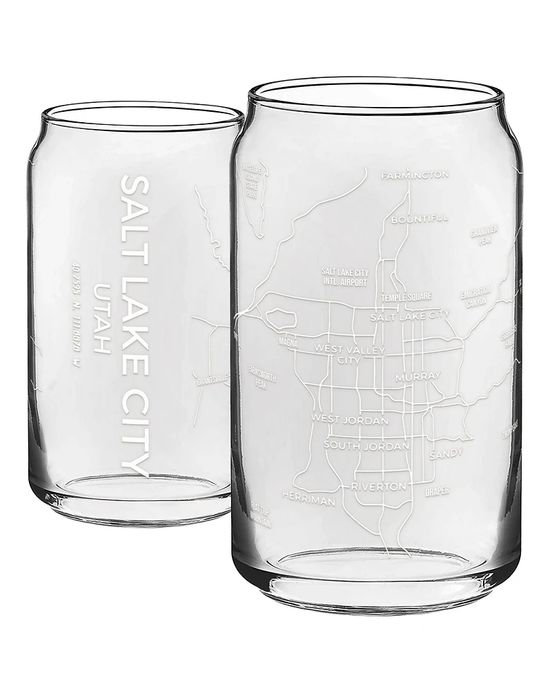 Narbo The Can Salt Lake City Map 16 oz Everyday Glassware, Set of 2