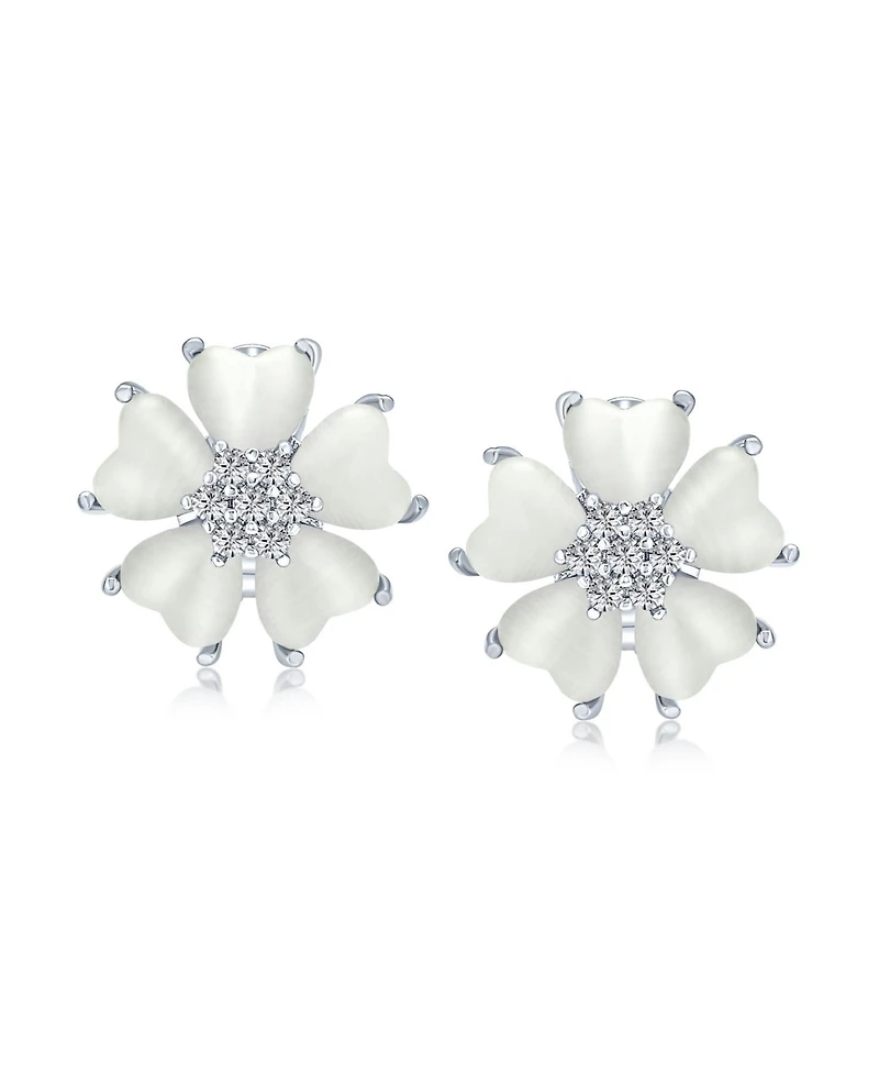 Bling Jewelry Romantic Cat Eye Stone Button-Style Heart-Shaped Petals Flower Stud Earrings with Omega Clip Yellow Gold Plated