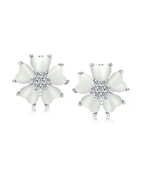 Bling Jewelry Romantic Cat Eye Stone Button-Style Heart-Shaped Petals Flower Stud Earrings with Omega Clip Yellow Gold Plated