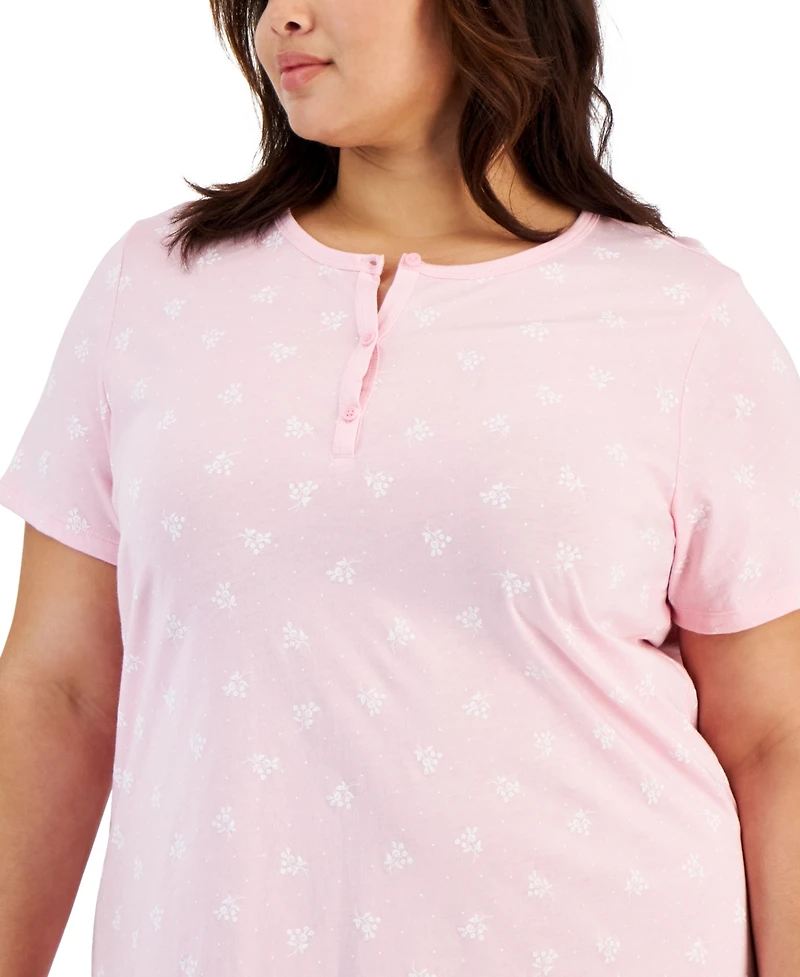 Charter Club Plus Cotton Ditsy Floral Henley Sleepshirt, Created for Macy's