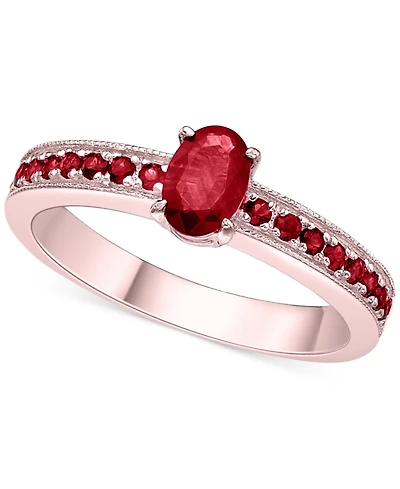 Emerald Oval & Round Milgrain Beaded Ring (1 ct. t.w.) 14k Gold-Plated Sterling Silver (Also Ruby Sapphire)
