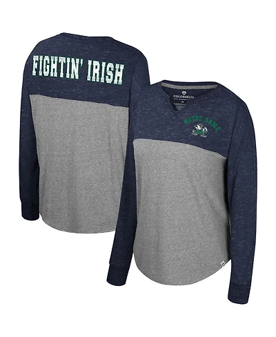 Women's Colosseum Heather Gray, Navy Distressed Notre Dame Fighting Irish Jelly of the Month Oversized Tri-Blend Long Sleeve T-shirt