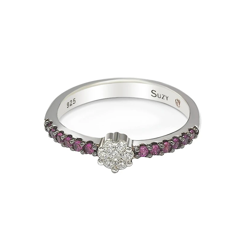 Suzy Levian Sterling Silver Cubic Zirconia Petite Flower Pave Solitaire Band Ring