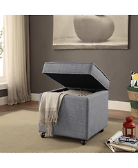 Inspired Home Laurie Linen Hidden Storage Castered Legs Ottoman