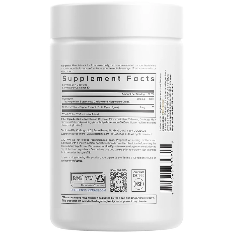 Codeage Liposomal Magnesium Glycinate Supplement - Magnesium Bisglycinate Pills - BioPerine Black Pepper - Liposomal Delivery