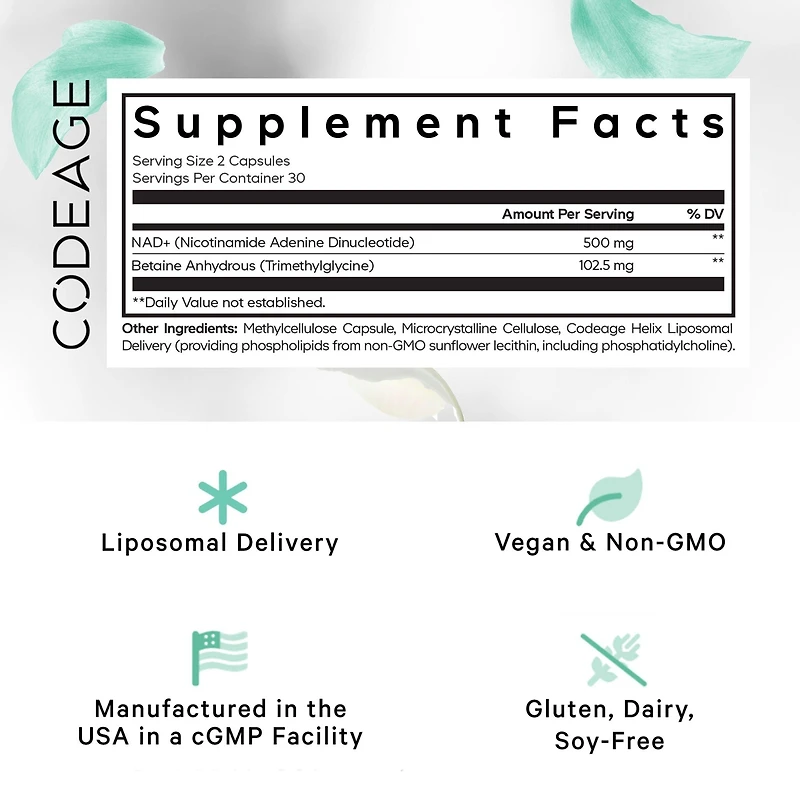 Codeage Liposomal Nad+ Supplement - Nad Nicotinamide Adenine Dinucleotide Coenzyme Pills - 500 mg Nad+ Per Serving & Betaine Anhydrous