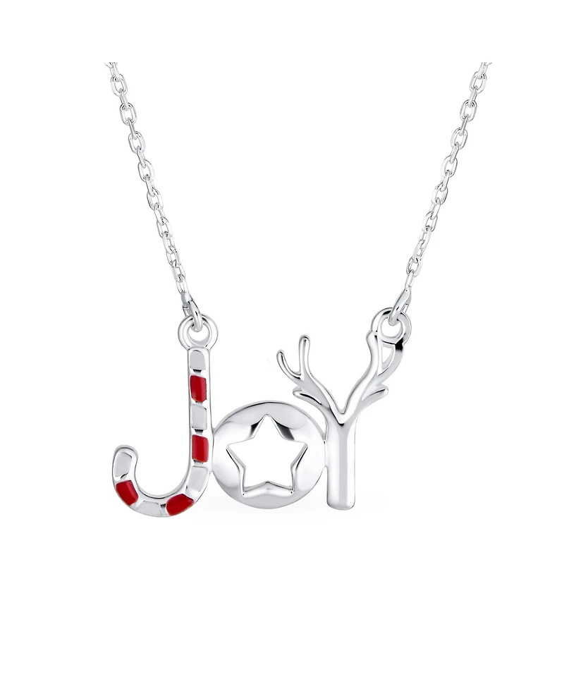 Bling Jewelry Winter Holiday Stripe Red Green Enamel Peppermint Candy Cane Star Christmas Word Joy Necklace Sterling Silver