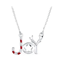 Bling Jewelry Winter Holiday Stripe Red Green Enamel Peppermint Candy Cane Star Christmas Word Joy Necklace Sterling Silver