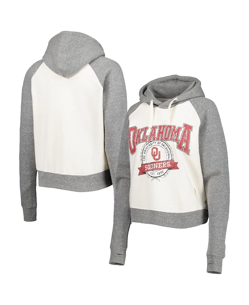Women's Pressbox Cream, Heather Gray Distressed Oklahoma Sooners Cody Tri-Bend Raglan Pullover Hoodie