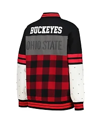 Women's The Wild Collective Black Distressed Ohio State Buckeyes Multi Vintage-Like Button-Up Bomber Jacket
