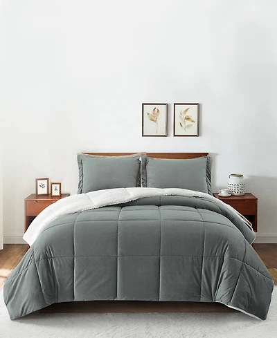 Unikome Classic 3 Piece Mediumweight Quilt Sherpa Ultra-Soft Reversible Down Alternative Comforter Set, Queen