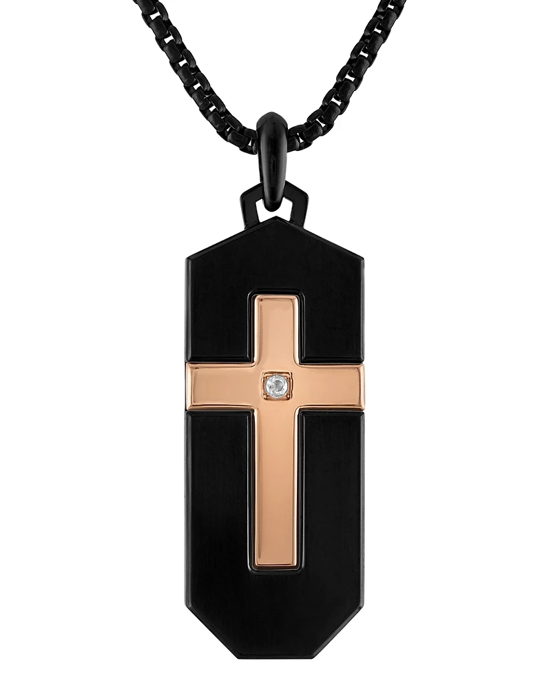 Bulova Black & Rose Gold-Tone Ip Stainless Steel Diamond-Accent Cross 26" Pendant Necklace