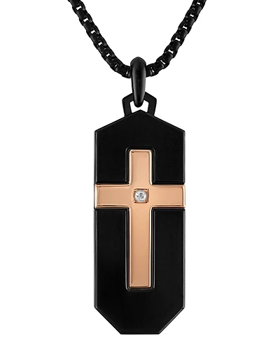 Bulova Black & Rose Gold-Tone Ip Stainless Steel Diamond-Accent Cross 26" Pendant Necklace
