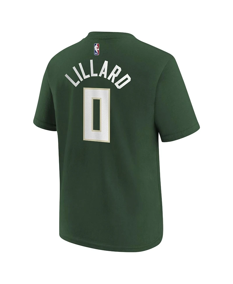 Big Boys Nike Damian Lillard Hunter Green Milwaukee Bucks Icon Name and Number T-shirt