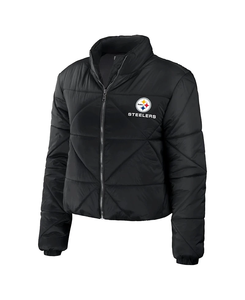 Women's Wear by Erin Andrews Black Pittsburgh Steelers Cropped Puffer Full-Zip Jacket