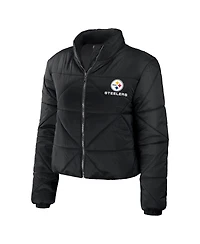 Women's Wear by Erin Andrews Black Pittsburgh Steelers Cropped Puffer Full-Zip Jacket