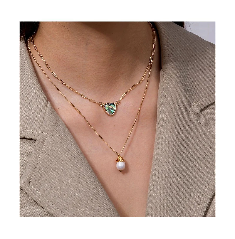 Two Layer Necklace With Abalone Pendant And Pearl Pendant