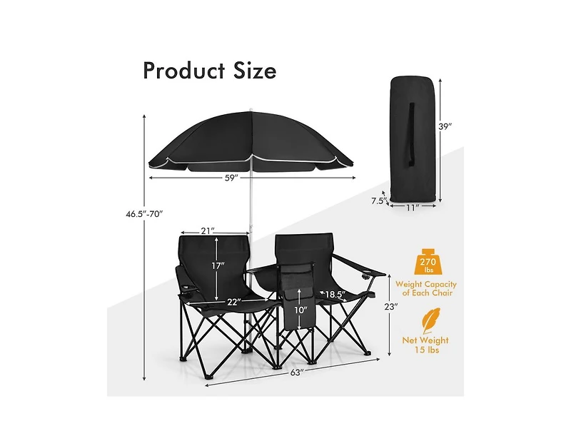 Portable Folding Picnic Double Chair with Umbrella