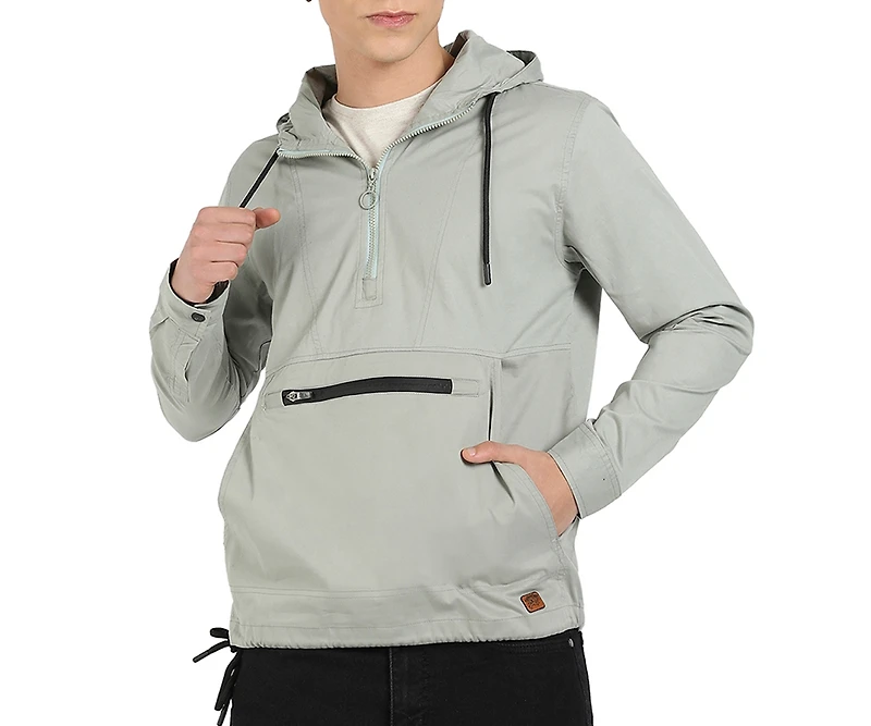 Campus Sutra Men's Sage Green Half-Zip Utility Jacket With Contrast Drawstring