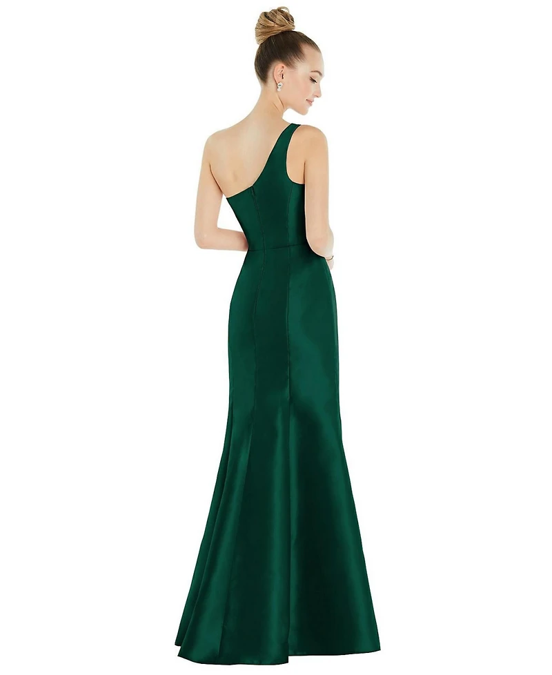 Draped One-Shoulder Satin Trumpet Gown with Front Slit