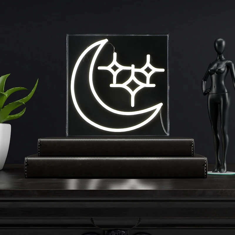 Jonathan Y Starry Crescent Square Contemporary Glam Acrylic Box Usb Operated Led Neon Light