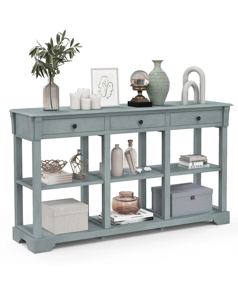58" Long Sofa Table with Storage Retro Console Table with 3 Drawers & Open Shelves