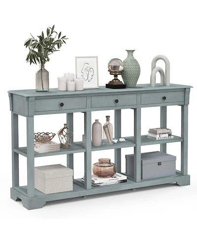 58" Long Sofa Table with Storage Retro Console Table with 3 Drawers & Open Shelves