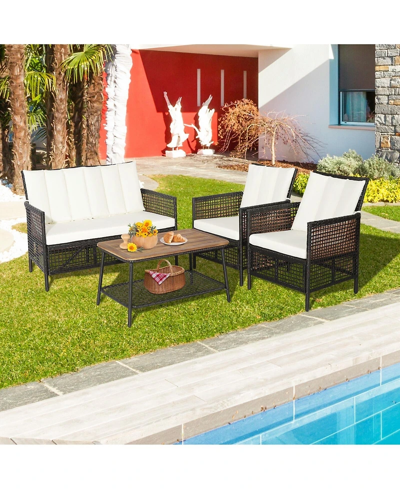4 Pieces Patio Rattan Furniture Set with 2-Tier Coffee Table-White