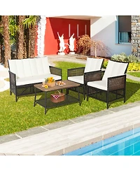 4 Pieces Patio Rattan Furniture Set with 2-Tier Coffee Table-White