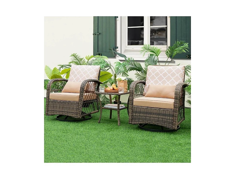3 Pieces Outdoor Wicker Conversation Set with Tempered Glass Coffee Table-Beige
