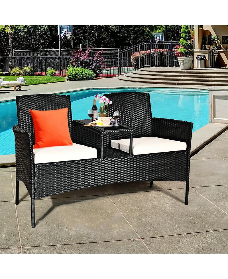 Wicker Patio Conversation Furniture Set with Removable Cushions and Table