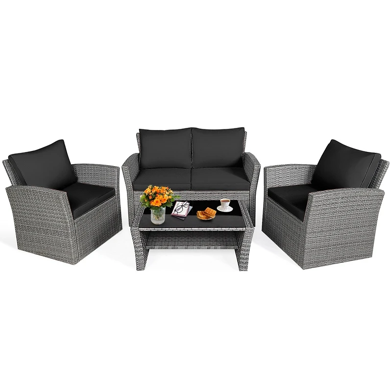Slickblue 4 Pieces Patio Rattan Furniture Set Sofa Table with Storage Shelf Cushion