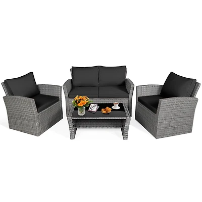Slickblue 4 Pieces Patio Rattan Furniture Set Sofa Table with Storage Shelf Cushion