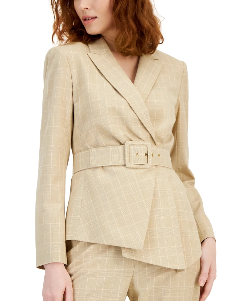 Tahari Asl Women's Asymmetrical-Hem Windowpane Belted Blazer