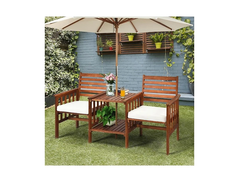 3 pcs Outdoor Patio Table Chairs Set Acacia Wood Loveseat