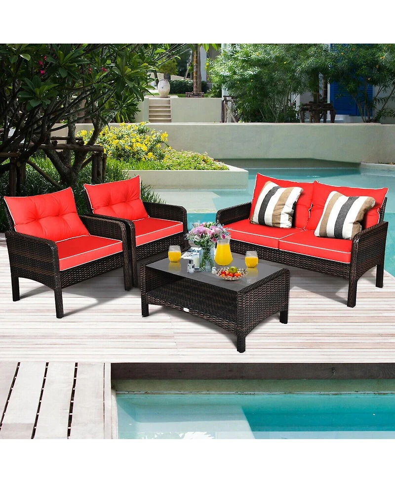 4 Pieces Outdoor Rattan Wicker Loveseat Furniture Set with Cushions
