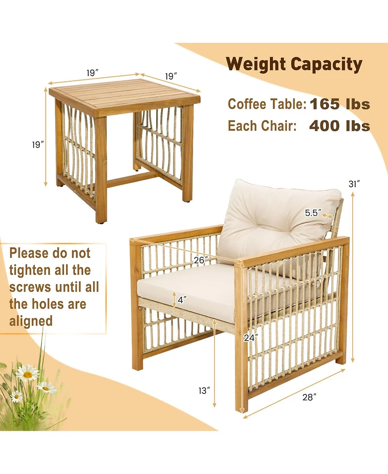 3 Pieces Patio Pe Wicker Conversation Set with Acacia Wood Frame and Cushions-Beige