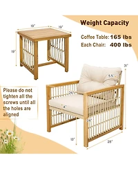 3 Pieces Patio Pe Wicker Conversation Set with Acacia Wood Frame and Cushions-Beige